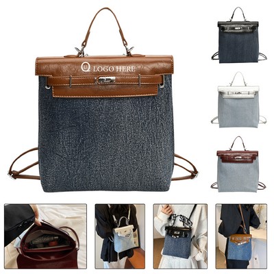 Designer Denim Rucksack Featuring Metal Buckle Fastening