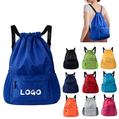 Large Waterproof Drawstring Backpack with Front Zipper & Mesh Pockets
