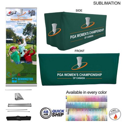 48Hr Quick Ship - Outdoor Event Package 2, Deluxe pull up banner + Premium 6' box fit tablecloth