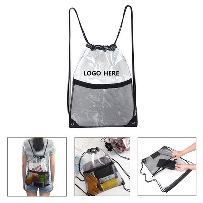 Transparent PVC Drawstring Backpack with Zippered Mesh Front Pocket